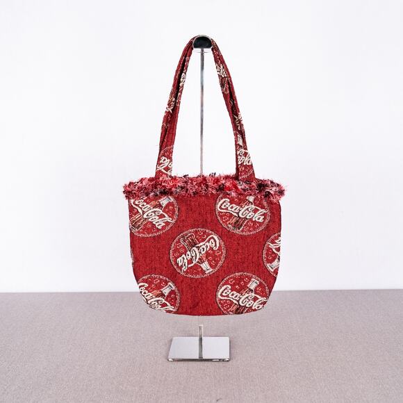 DIY Handmade Coca-Cola Fabric Handbag Quilted Lining Fringe Trim Red - Picture 2 of 6